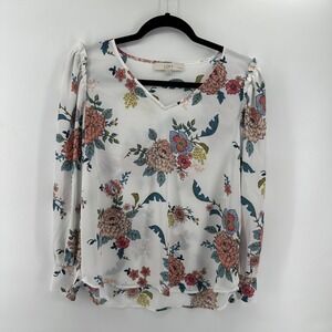LOFT Petite White Floral Blouse Top, Size Medium Petite Long Sleeve